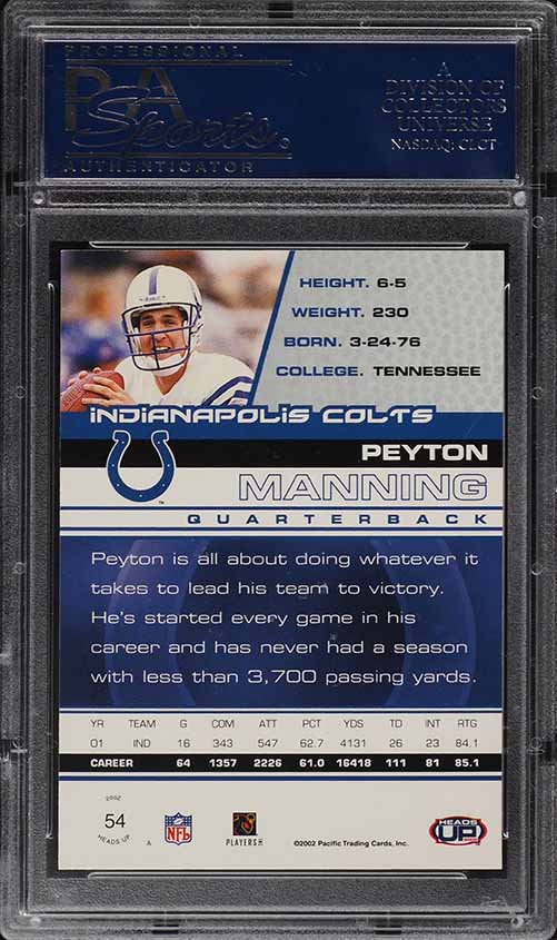 2002 Pacific Heads Up Peyton Manning #54 PSA 10 GEM MINT