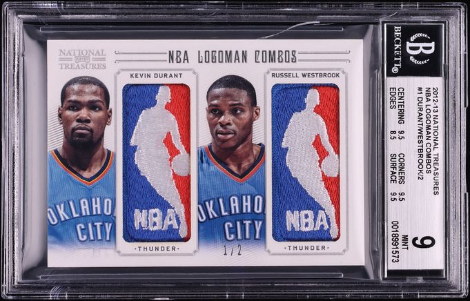2012 National Treasures Combo Kevin Durant Russell Westbrook NBA LOGOMAN PATCH 1/2 #1 BGS 9