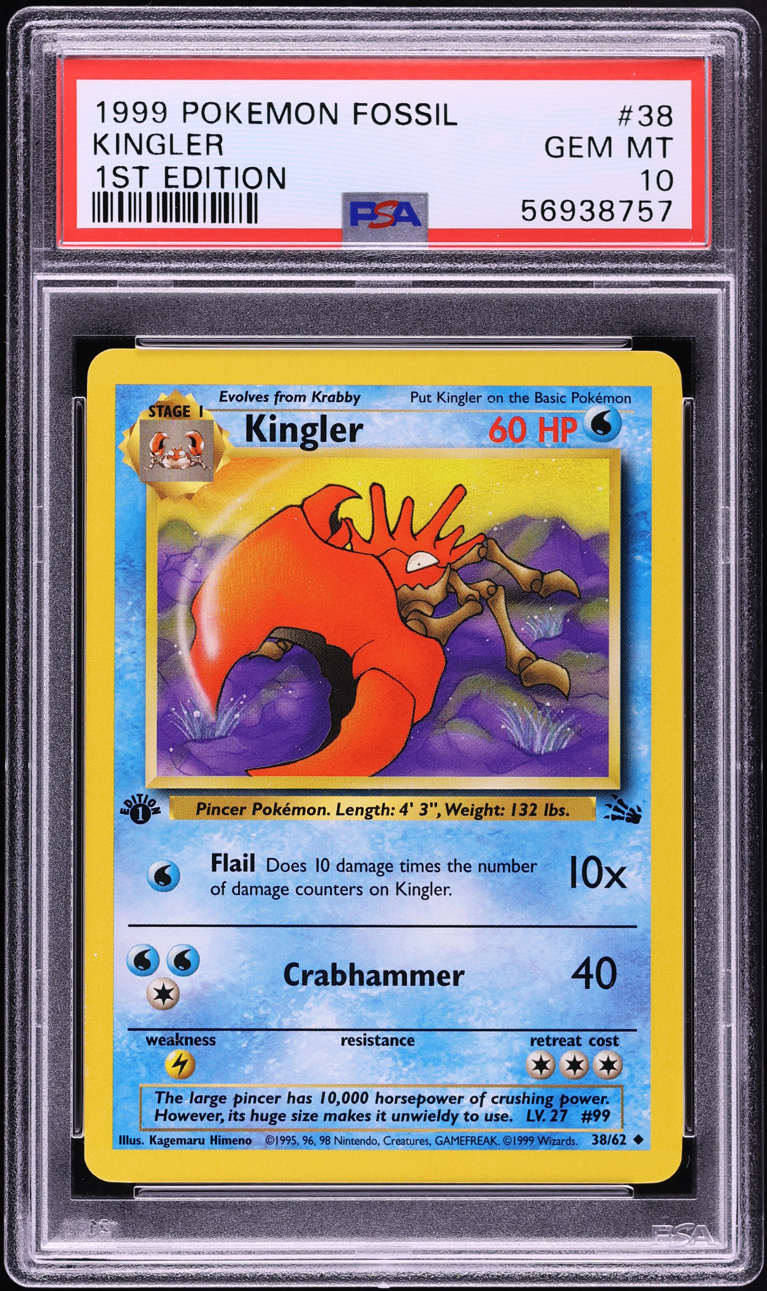 1999 Pokemon Fossil 1st Edition Kingler #38 PSA 10 GEM MINT
