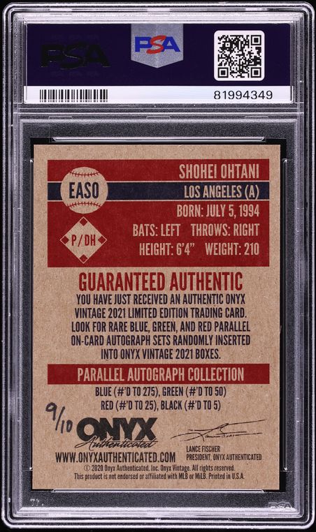 2021 Onyx Vintage Extended Inscription Blue Ink Shohei Ohtani KANJI AUTO /10 #EASO PSA 10 GEM