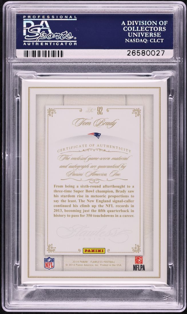 2014 Panini Flawless Ruby Tom Brady PATCH AUTO /15 #92 PSA 10 GEM MINT