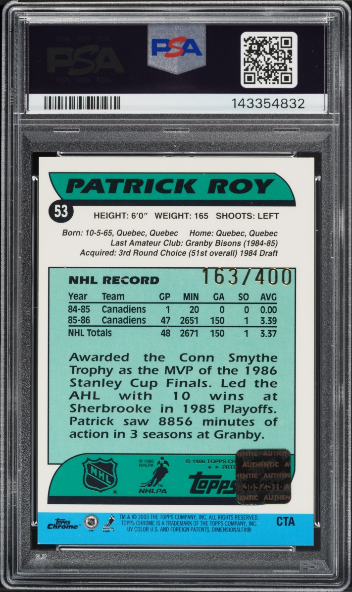 2002 Topps Chrome Reprint Patrick Roy AUTO /400 #CTA PSA AUTH