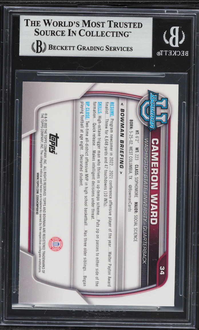 2022 Bowman Chrome University Pink Refractor Cameron Ward ROOKIE #34 BGS 8 NM-MT