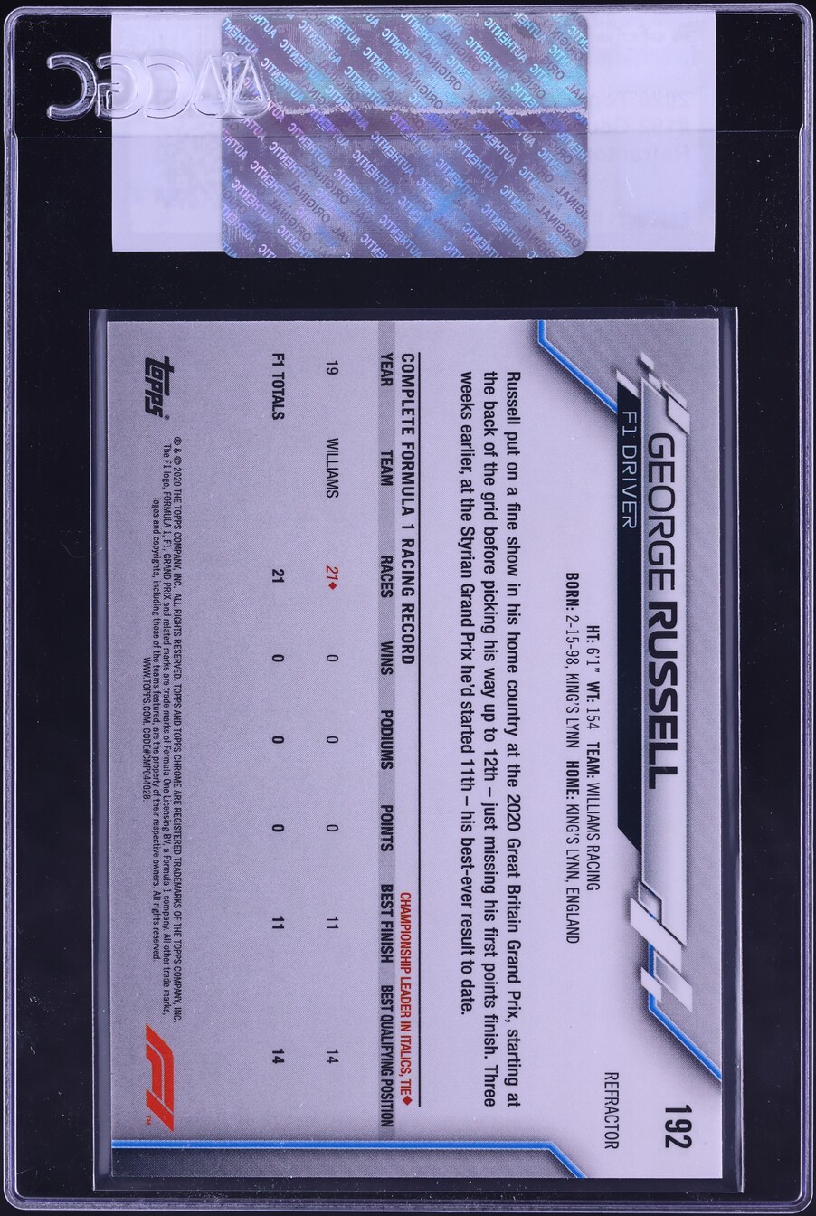 2020 Topps Chrome Formula 1 F1 Refractor George Russell ROOKIE #192 CGC AUTH