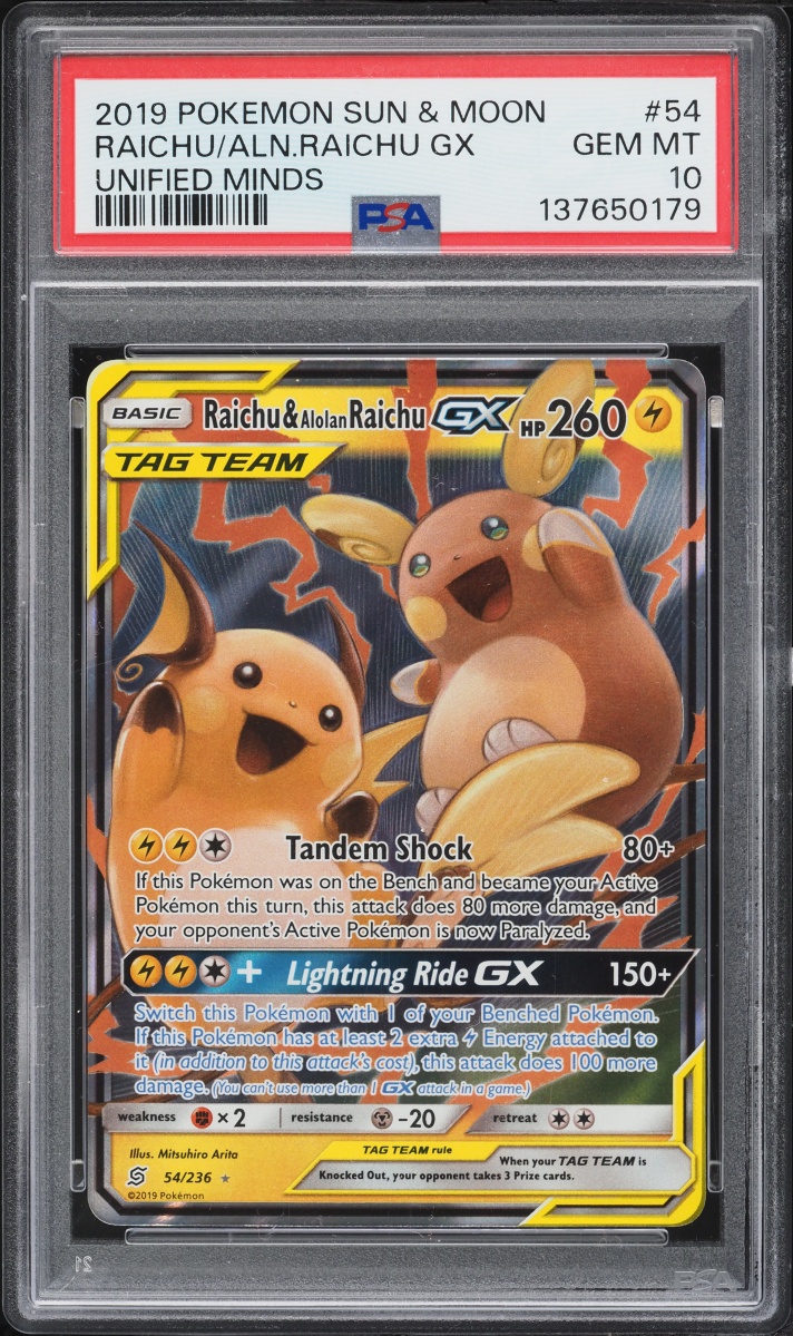 2019 Pokemon Sun & Moon Unified Minds Holo Raichu & Alolan Raichu GX #54 PSA 10 GEM MINT