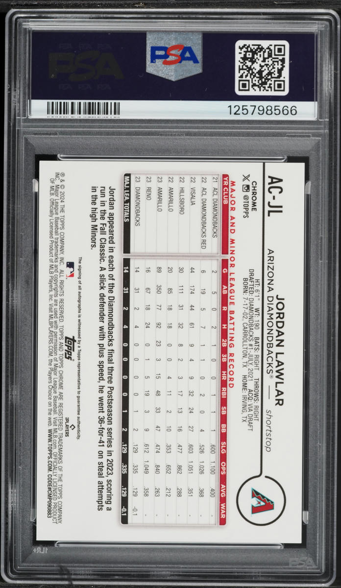 2024 Topps Chrome Update Series Blue Refractor Jordan Lawlar ROOKIE AUTO /150 #ACJL PSA 9 MINT