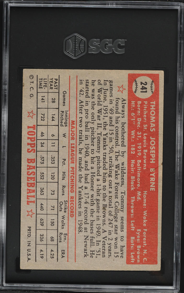 1952 Topps Tommy Byrne #241 SGC 3 VG