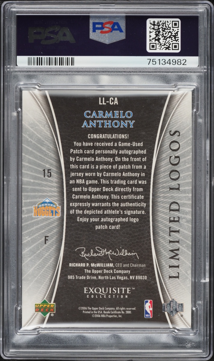 2005 Exquisite Collection Limited Logos Carmelo Anthony PATCH AUTO /50 #LL-CA PSA 8.5 NM-MT+