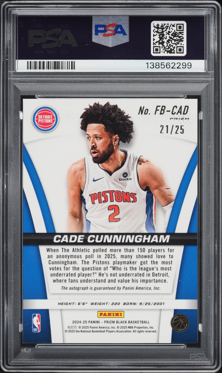 2024 Panini Prizm Black Flashback Mojo Cade Cunningham AUTO /25 #FB-CAD PSA 10 GEM MINT