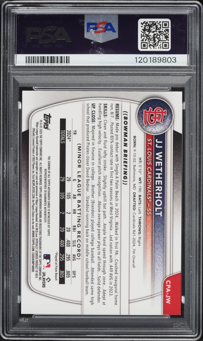 2025 Bowman Chrome Green Lava JJ Wetherholt PROSPECT AUTO /99 #CPA-JW PSA 9 MINT