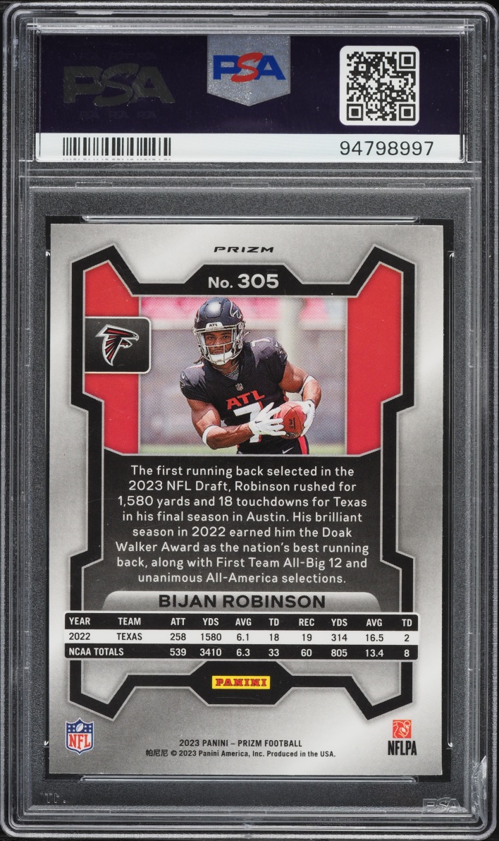 2023 Panini Prizm Green Wave Bijan Robinson ROOKIE #305 PSA 10 GEM MINT
