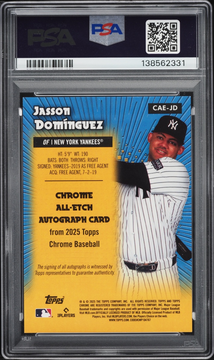 2025 Topps Chrome All Etch Orange Refractor Jasson Dominguez AUTO /25 #CAE-JD PSA 9 MINT