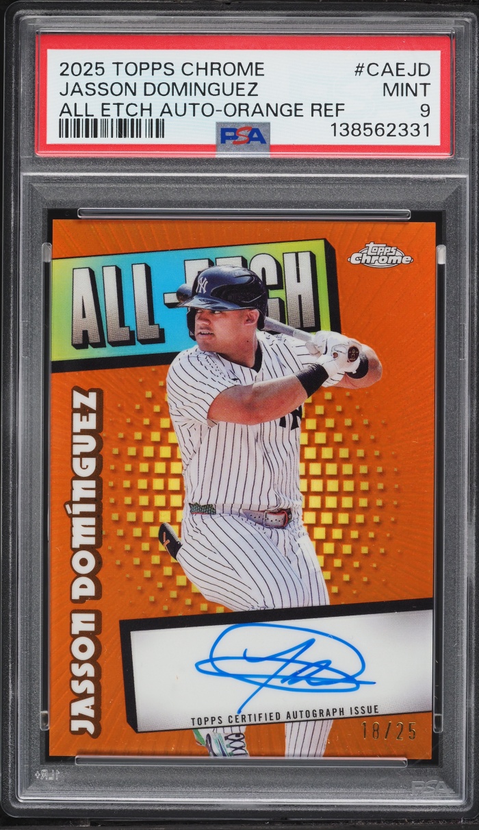 2025 Topps Chrome All Etch Orange Refractor Jasson Dominguez AUTO /25 #CAE-JD PSA 9 MINT