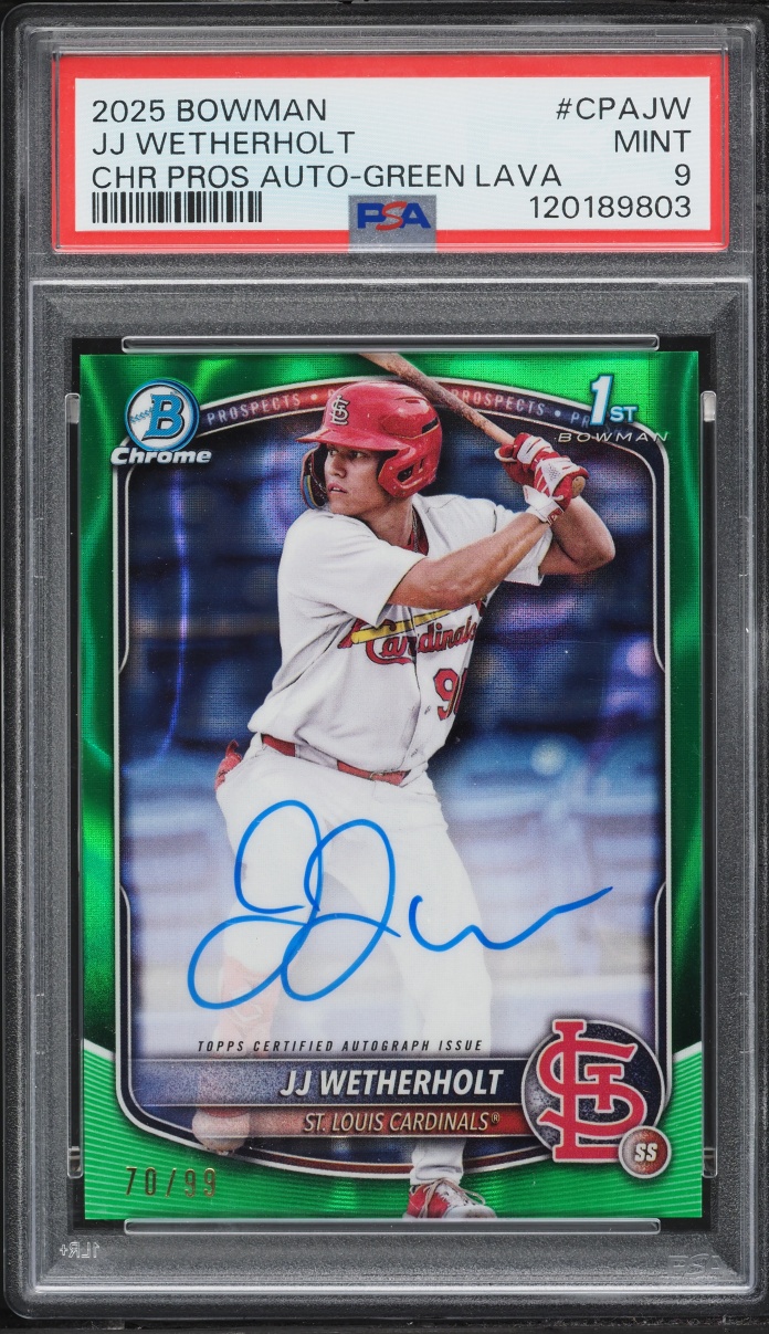 2025 Bowman Chrome Green Lava JJ Wetherholt PROSPECT AUTO /99 #CPA-JW PSA 9 MINT