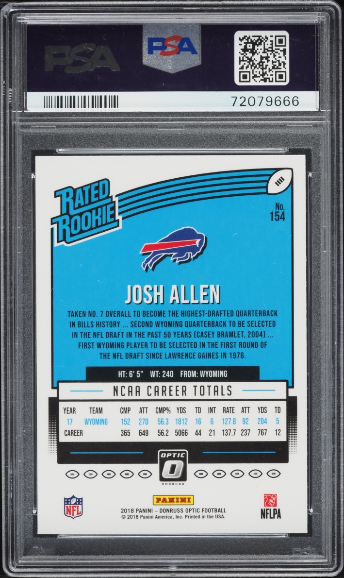2018 Donruss Optic Josh Allen ROOKIE #154 PSA 10 GEM MINT