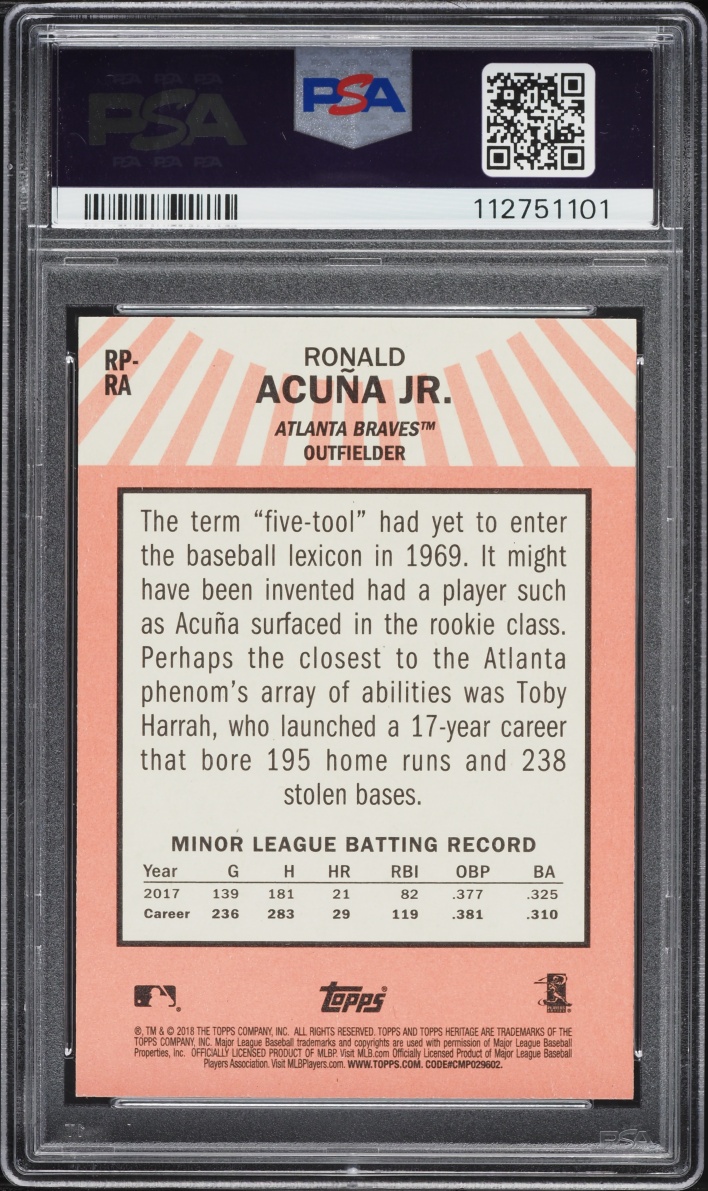 2018 Topps Heritage Performers Ronald Acuna Jr. ROOKIE #RP-RA PSA 10 GEM MINT