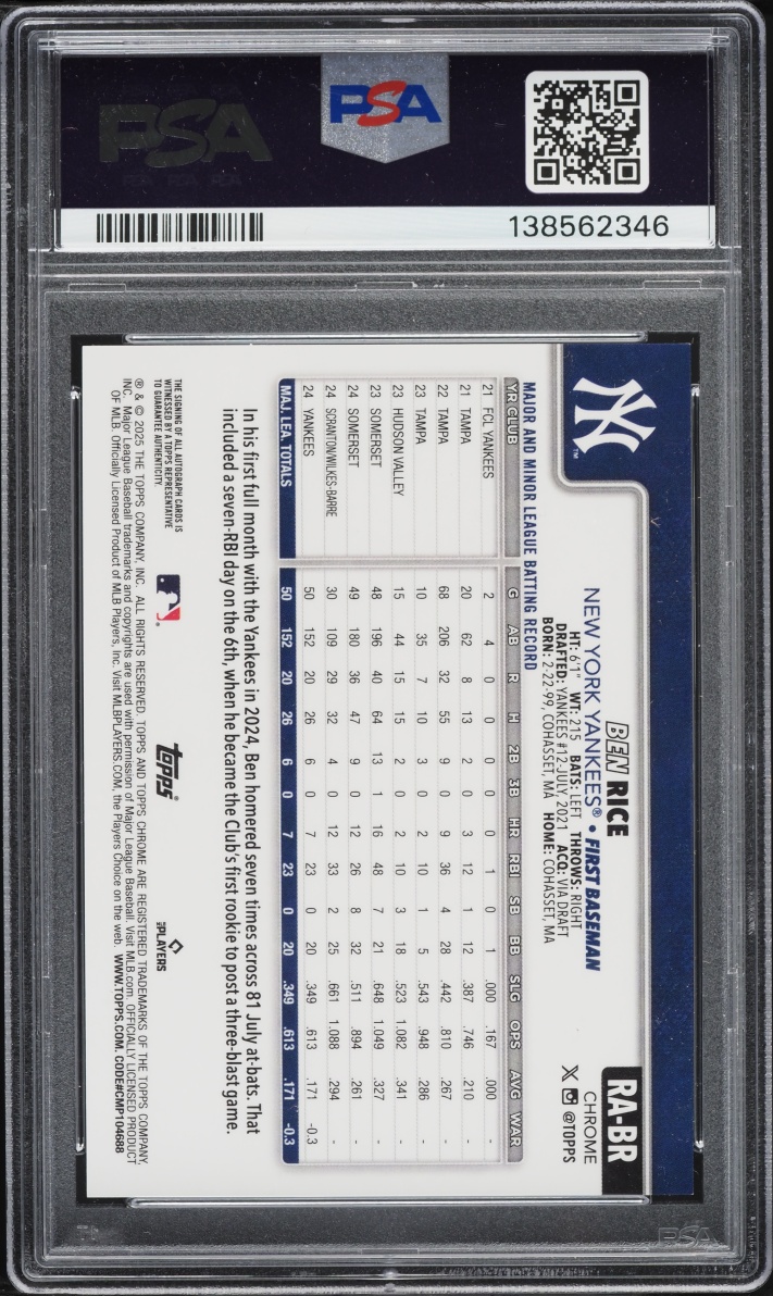 2025 Topps Chrome Purple Speckle Ben Rice ROOKIE AUTO /299 #RA-BR PSA 9 MINT