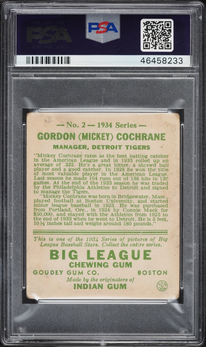 1934 Goudey Mickey Cochrane #2 PSA 2 GD
