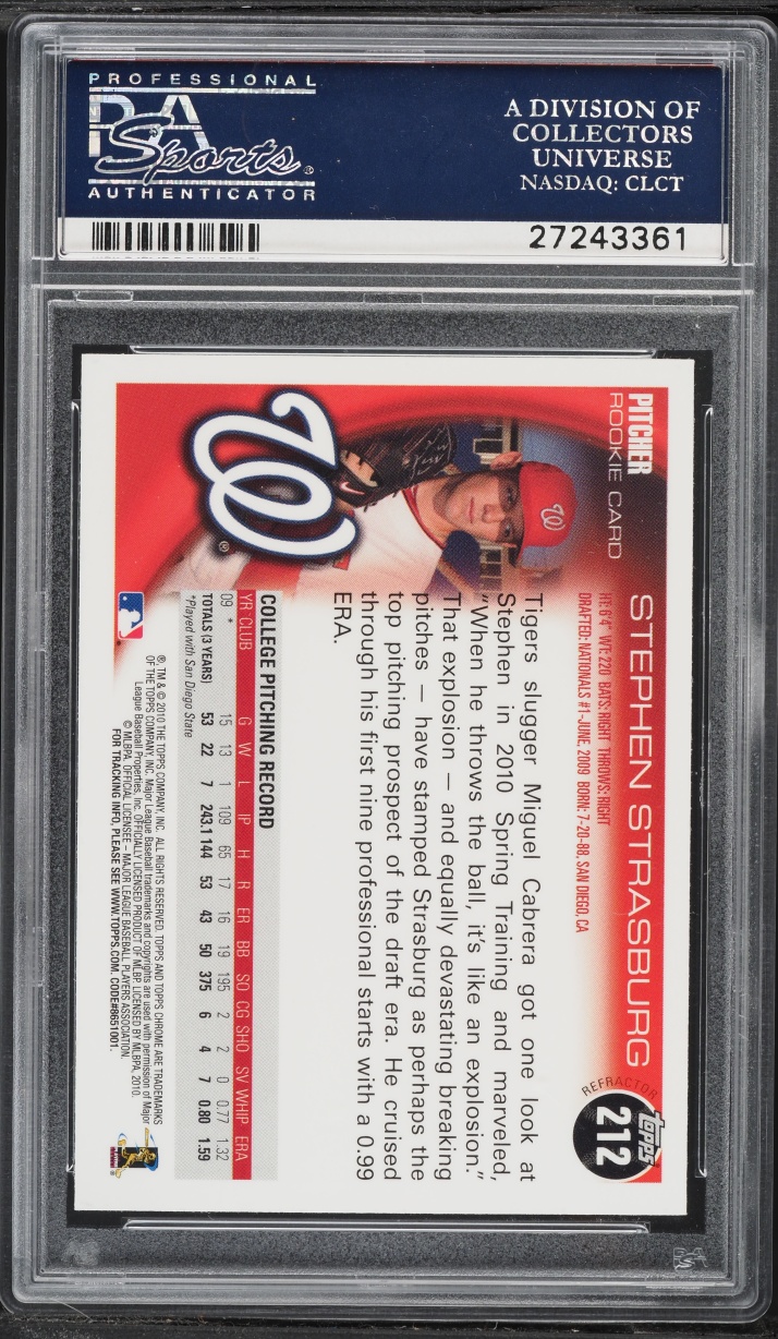 2010 Topps Chrome Refractor Stephen Strasburg ROOKIE #212 PSA 9 MINT