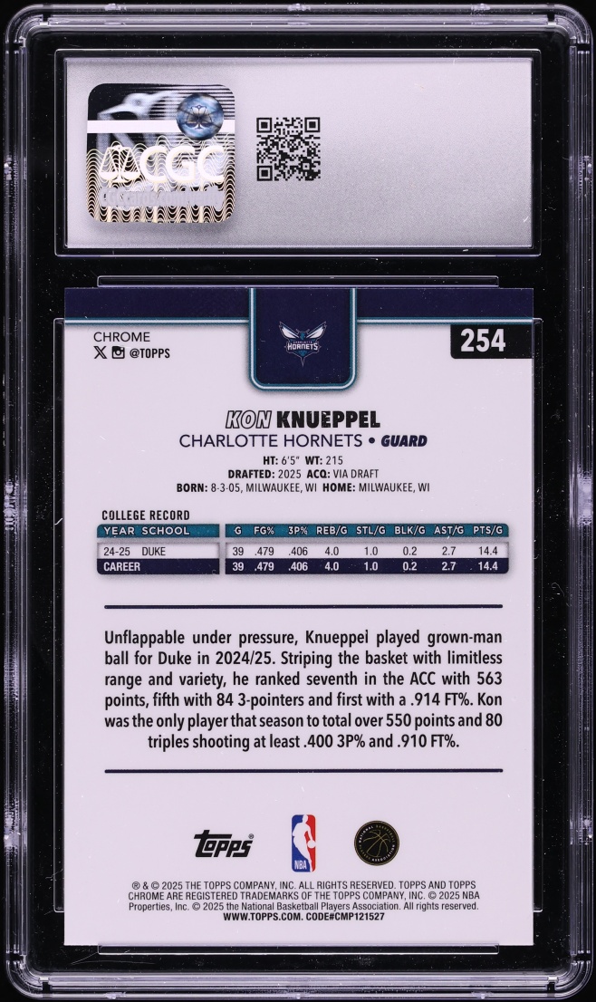 2025 Topps Chrome Xfractor Kon Knueppel ROOKIE #254 CGC 10 GEM MINT