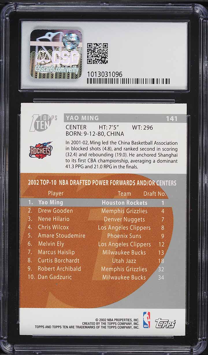 2002 Topps Ten Yao Ming ROOKIE #141 CSG 7 NRMT