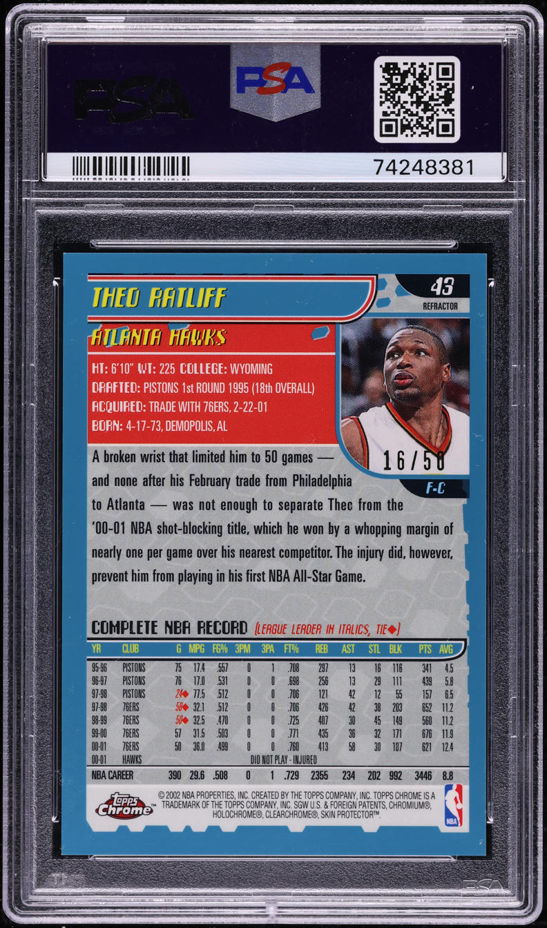2001 Topps Chrome Black Refractor Theo Ratliff /50 #43 PSA 9 MINT