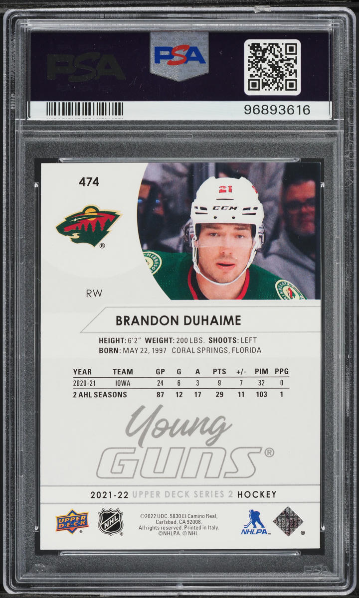 2021 Upper Deck Young Guns Brandon Duhaime ROOKIE #474 PSA 10 GEM MINT