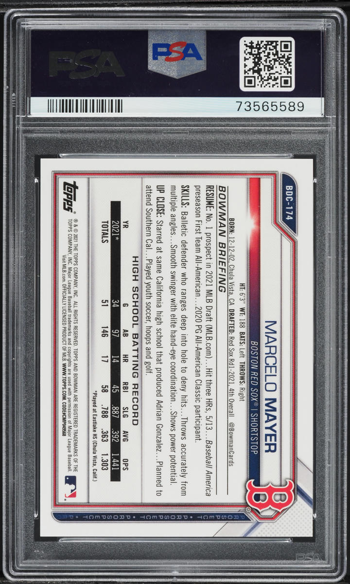 2021 Bowman Chrome Draft Blue Refractor Marcelo Mayer PROSPECT /150 #BDC174 PSA 10 GEM MINT