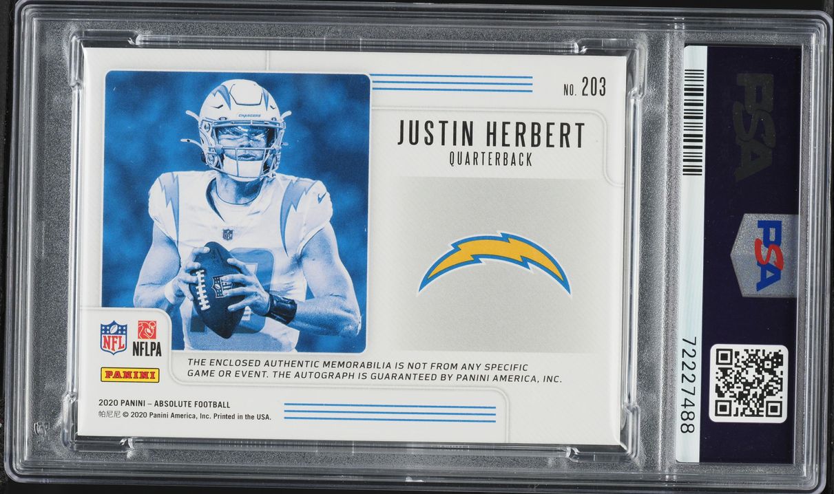 2020 Absolute Jumbo Justin Herbert ROOKIE PATCH AUTO DNA 10 /35 #203 PSA 9 MINT