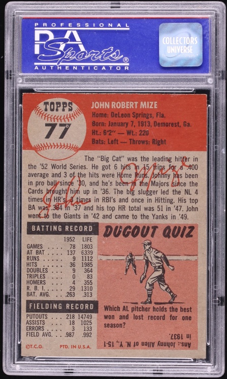1953 Topps John Mize #77 PSA 8 NM-MT