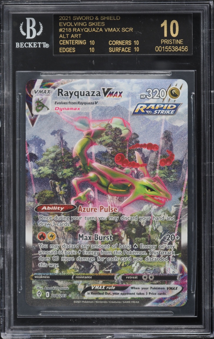2021 Pokemon Sword & Shield Evolving Skies Alt Art Rayquaza VMAX #218 BGS 10 BLACK LABEL