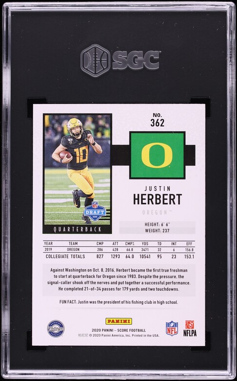 2020 Score Red Justin Herbert ROOKIE #362 SGC 9 MINT
