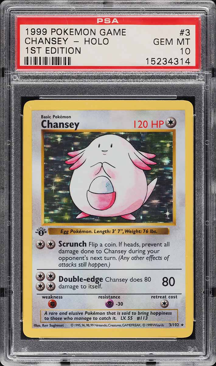 1999 Pokemon Base Set Shadowless 1st Edition Holo Thick Stamp Chansey #3 PSA 10
