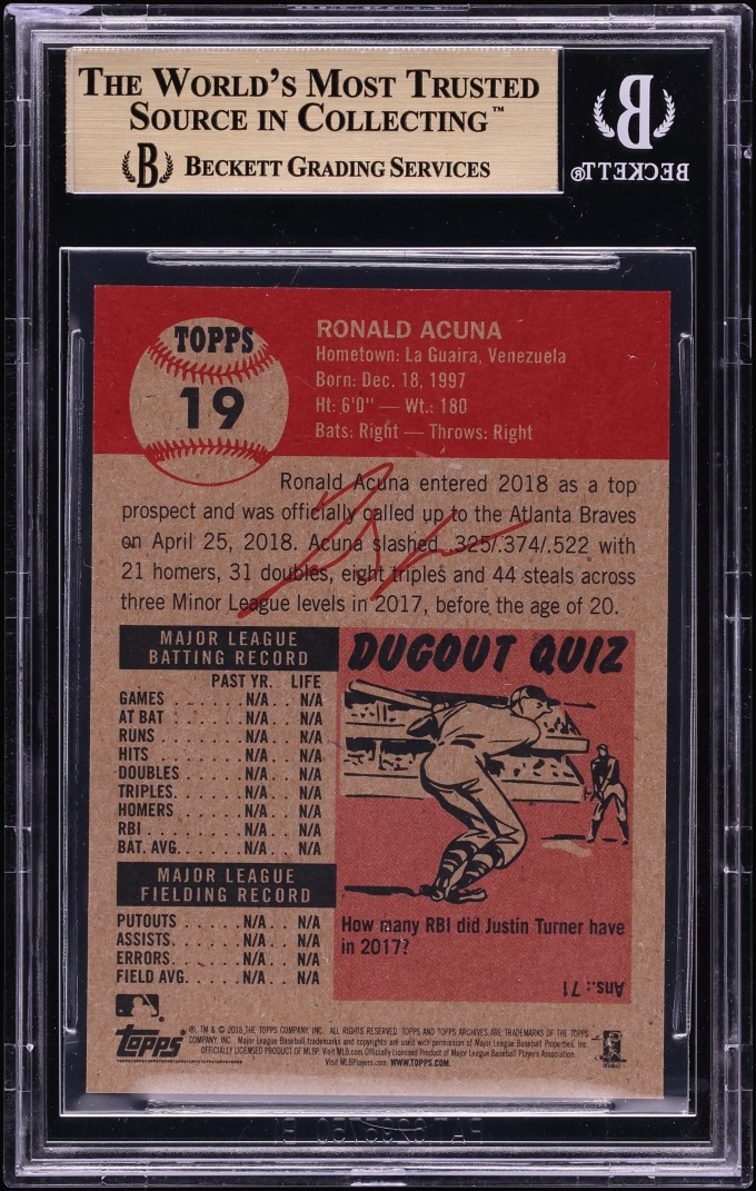 2018 Topps Living Ronald Acuna Jr. ROOKIE #19 BGS 9.5 GEM MINT