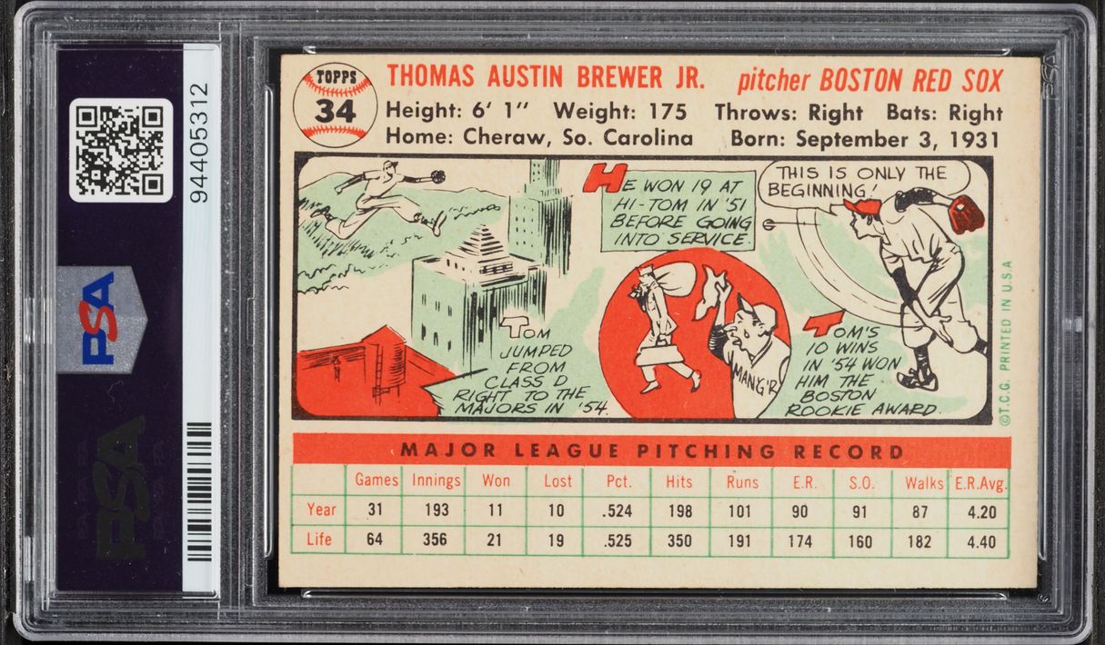 1956 Topps Tom Brewer WHITE BACK #34 PSA 7 NRMT