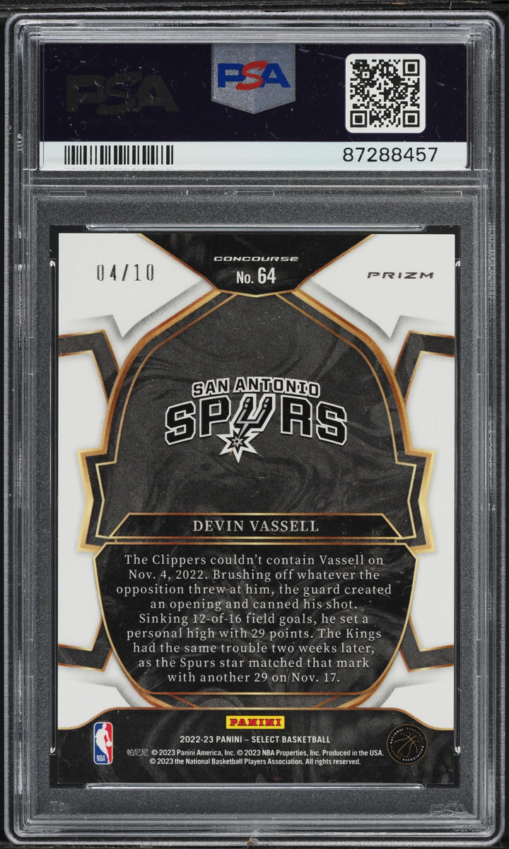 2022 Select Concourse Gold Prizm Devin Vassell /10 #64 PSA 10 GEM MINT