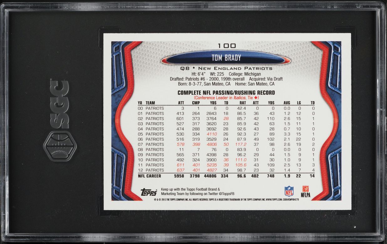 2013 Topps Football Tom Brady #100 SGC 9.5 MINT+