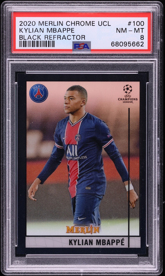 2020 Topps Merlin Chrome UEFA Champions League Black Refractor Kylian Mbappe /15 #100 PSA 8
