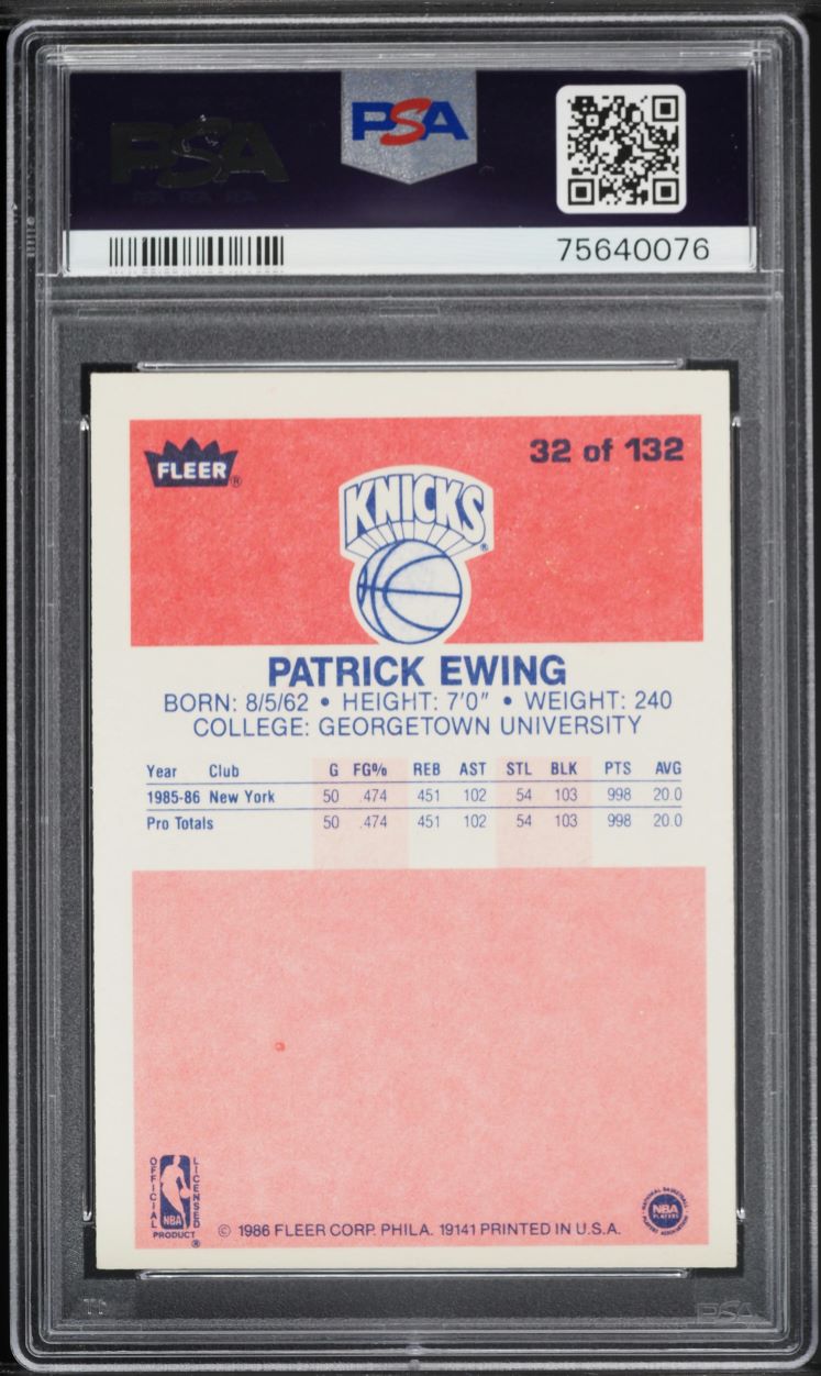 1986 Fleer Basketball Patrick Ewing ROOKIE AUTO DNA 9 #32 PSA 6 EXMT