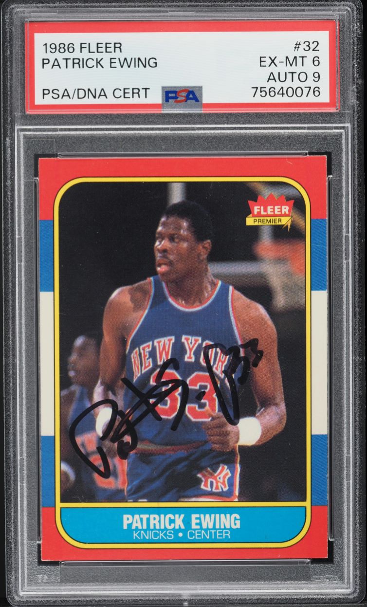 1986 Fleer Basketball Patrick Ewing ROOKIE AUTO DNA 9 #32 PSA 6 EXMT