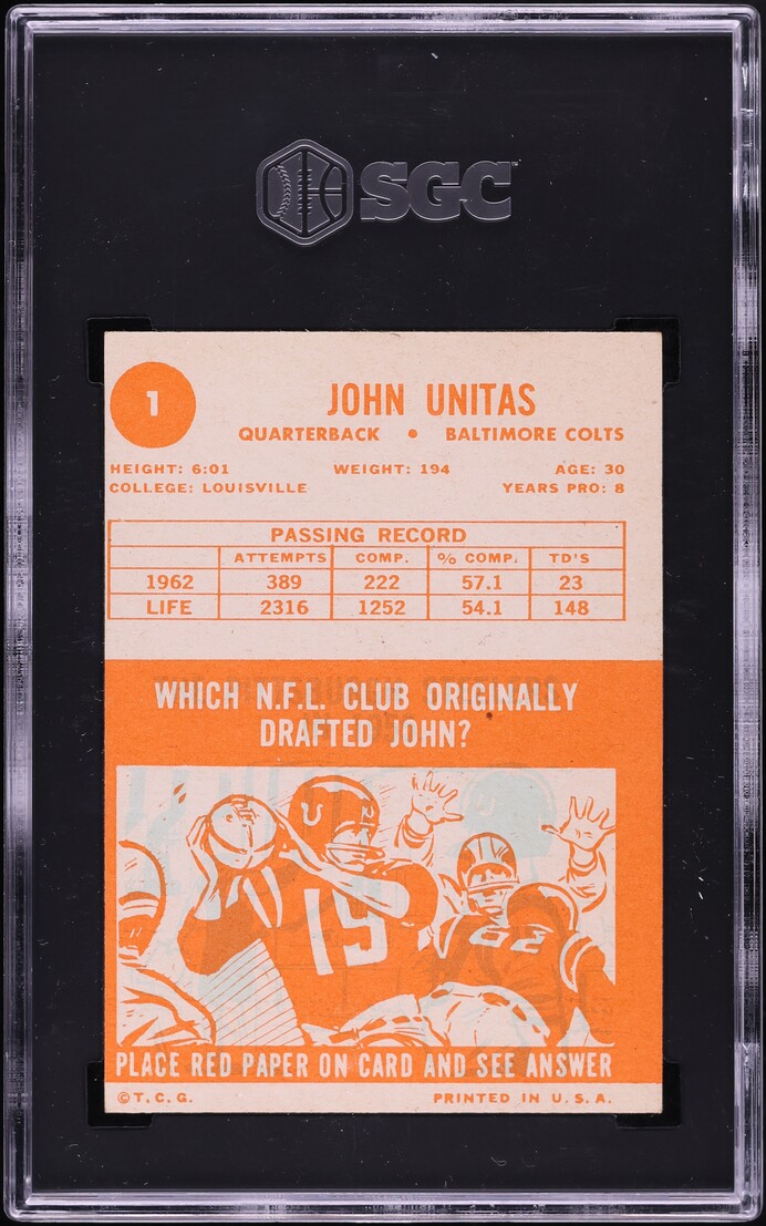 1963 Topps Football John Unitas #1 SGC 4 VGEX