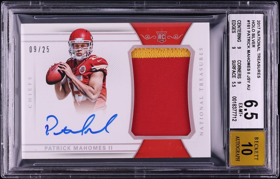 2017 National Treasures Holo Silver Patrick Mahomes II ROOKIE PATCH AUTO /25 #161 BGS 6.5 EXMT+