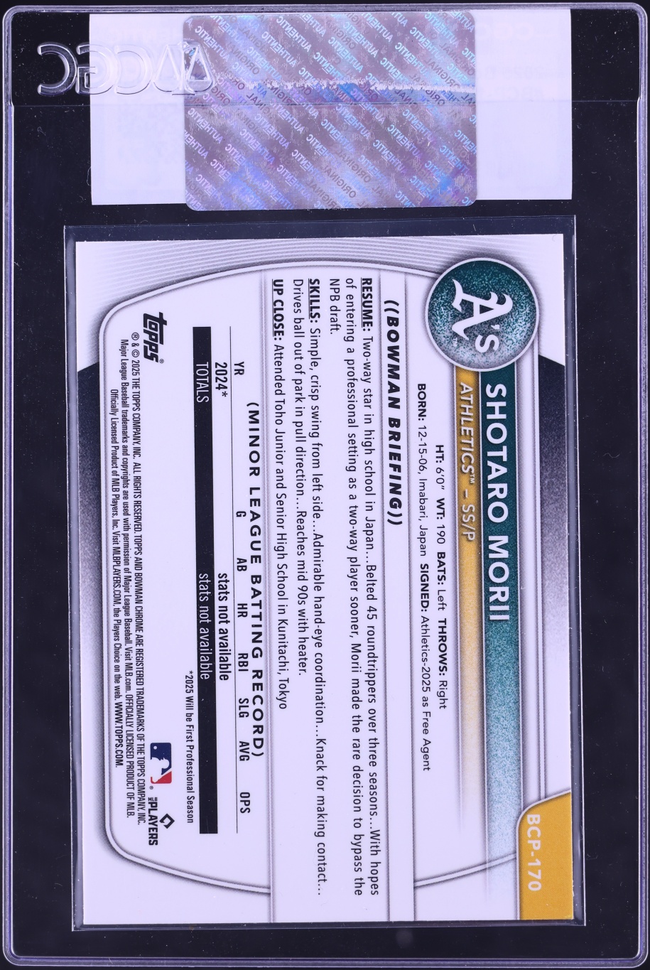 2025 Bowman Chrome Mega Box Shotaro Morii PROSPECT #BCP-170 CGC AUTH