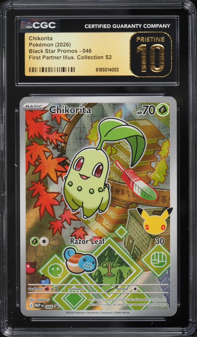 2026 Pokemon Mega Promo First Partner Illustration S2 Full Art Chikorita #46 CGC 10 PRISTINE