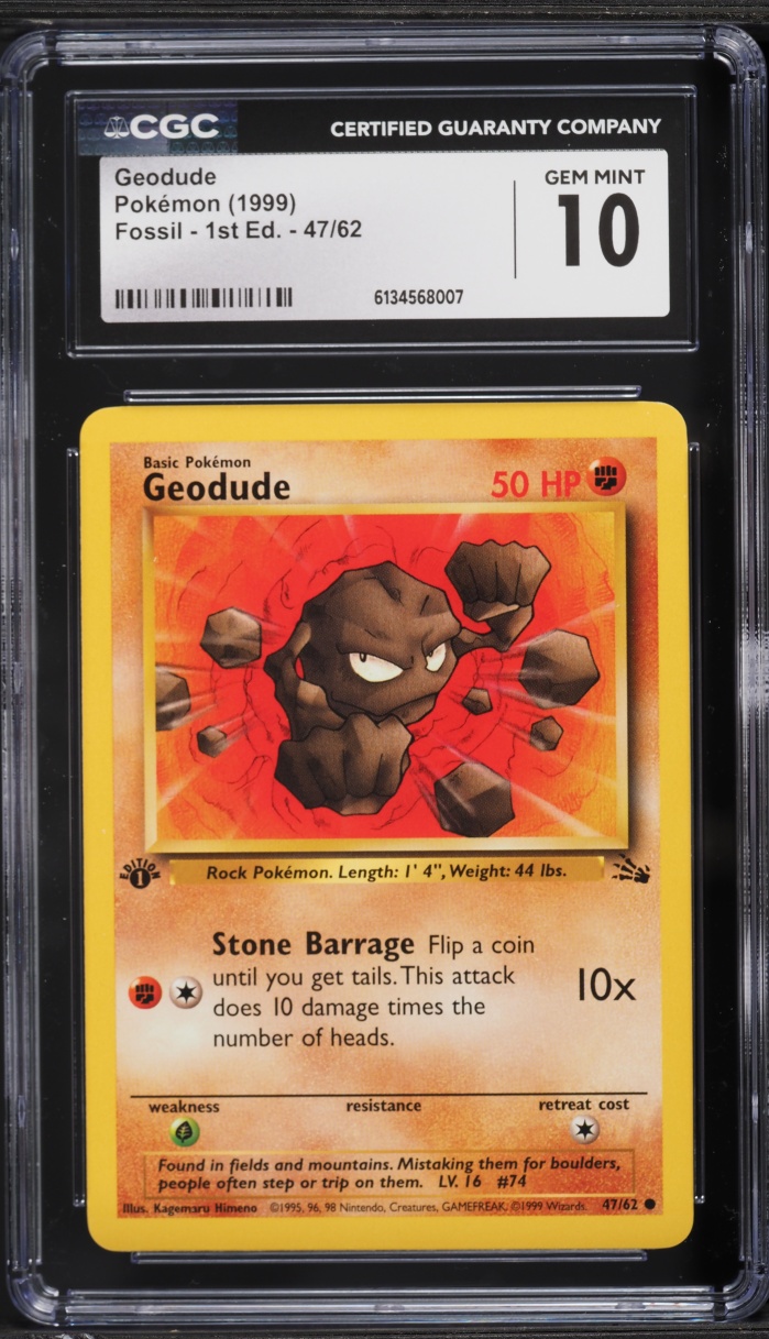1999 Pokemon Fossil 1st Edition Geodude #47 CGC 10 GEM MINT