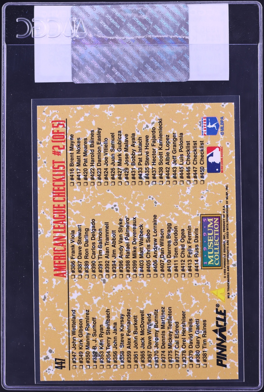 1995 Pinnacle Checklist Museum Collection Ken Griffey Jr. #447 CGC AUTH