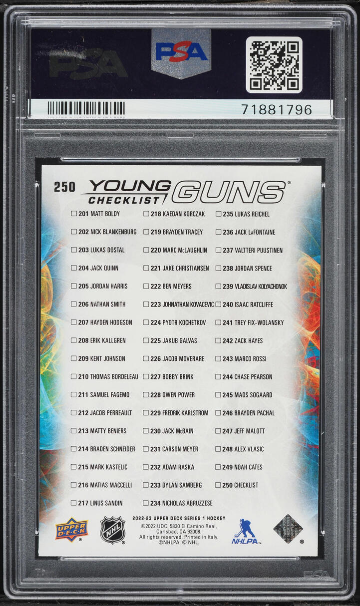 2022 Upper Deck Young Guns Matt Boldy & Marco Rossi ROOKIE #250 PSA 9 MINT
