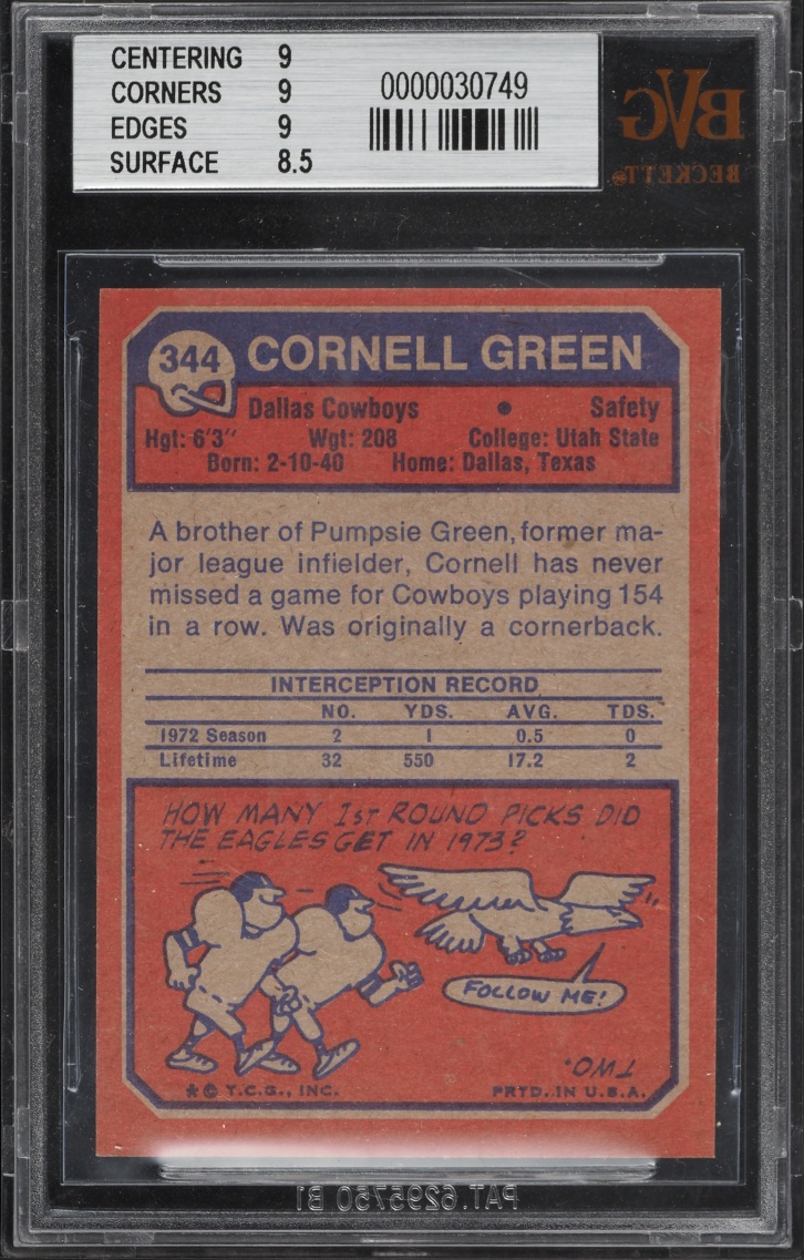 1973 Topps Football Cornell Green #344 BVG 9 MINT