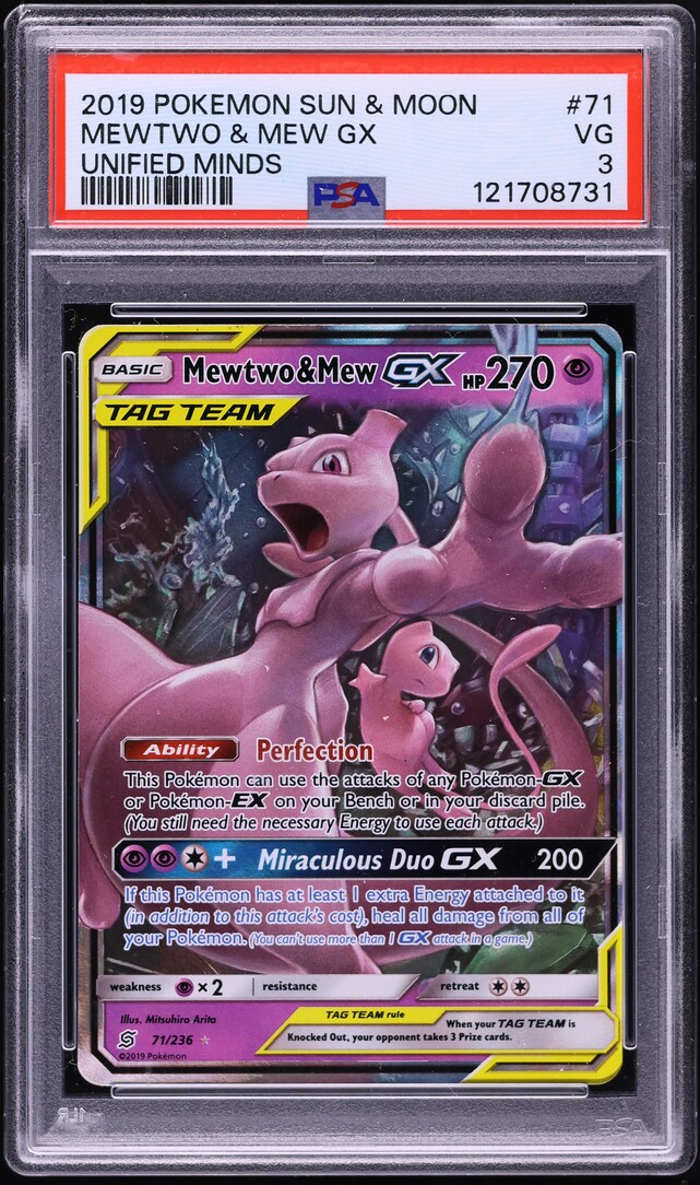 2019 Pokemon Sun & Moon Unified Minds Full Art Mewtwo & Mew GX #71 PSA 3 VG