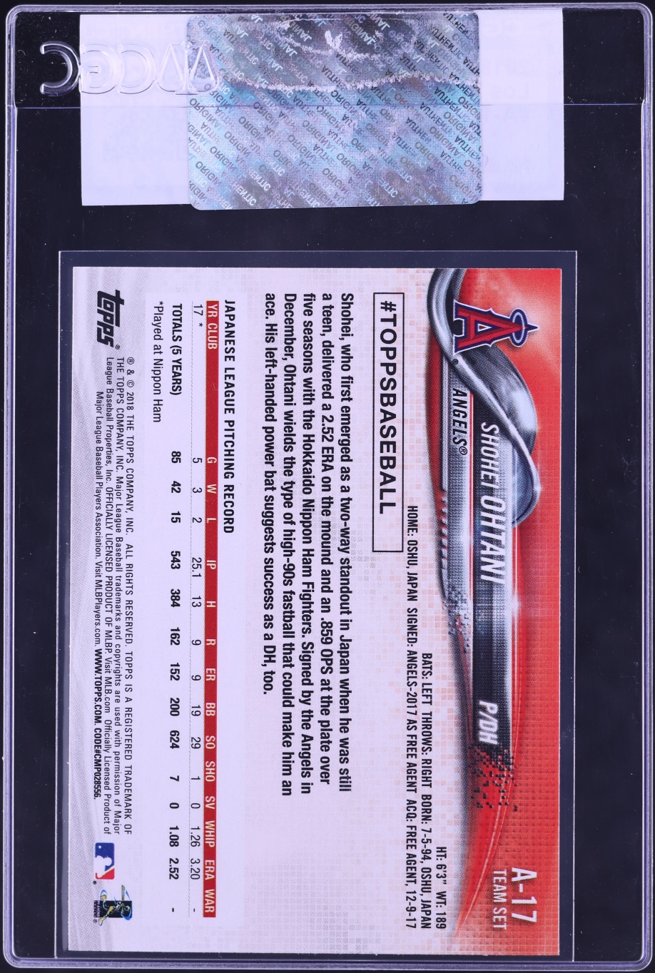 2018 Topps Team Sets Los Angeles Angels Shohei Ohtani ROOKIE #A-17 CGC AUTH